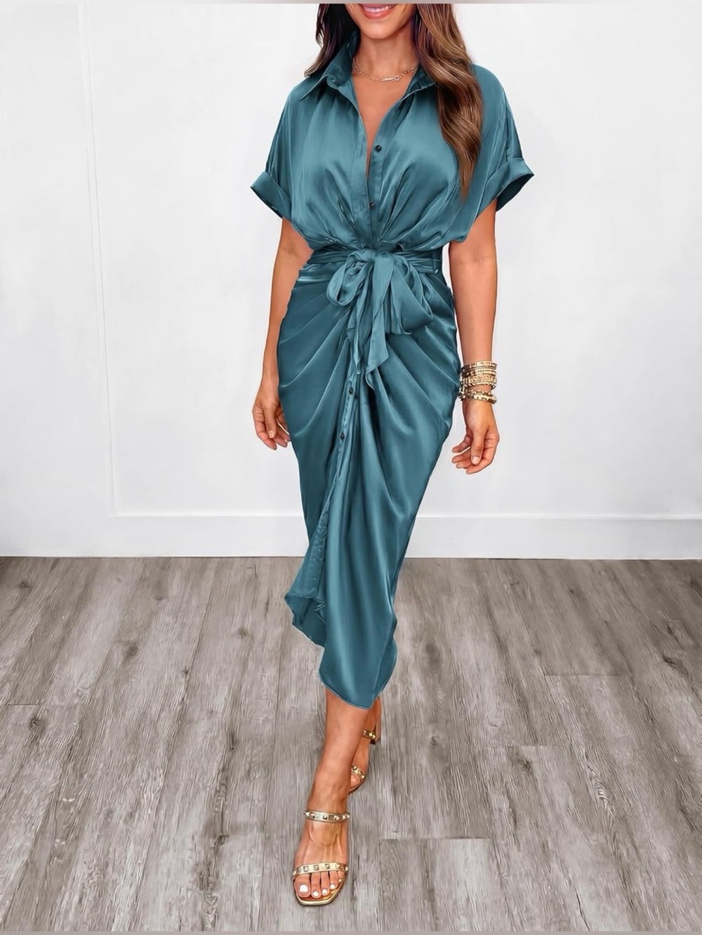 Satin Button-Front Midi Dress with Waist Tie - Seafoam